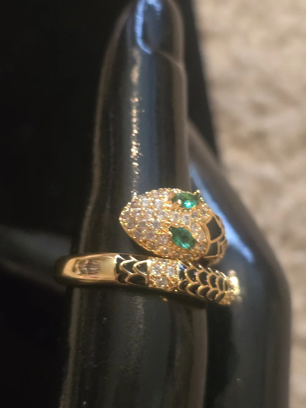 22kgp Duabi Jewelry- Gold Tone Snake Wrap Ring with Green Stone Eyes